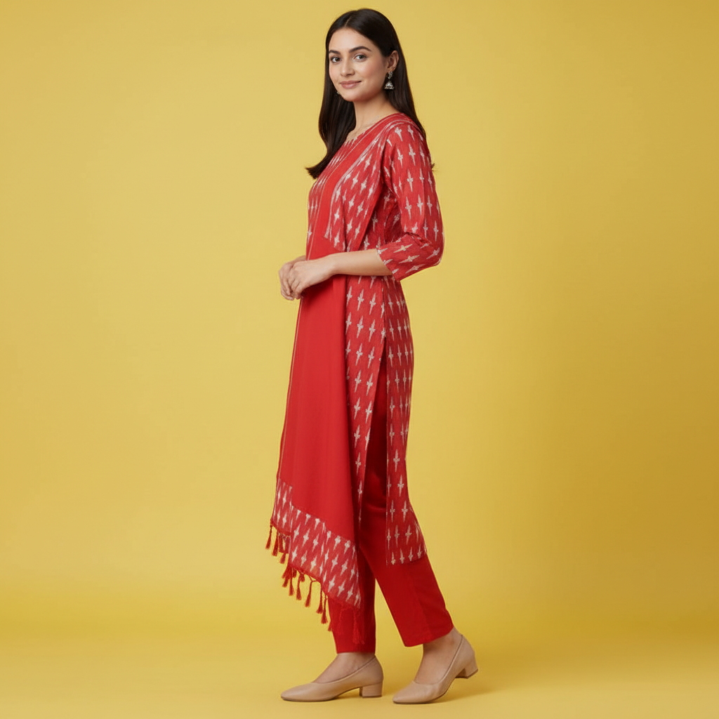 Woman wearing a red traditional outfit with a matching dupatta on a gray background