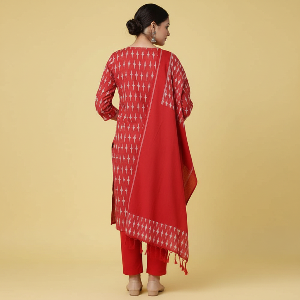 Woman wearing a red traditional outfit with a matching dupatta on a gray background