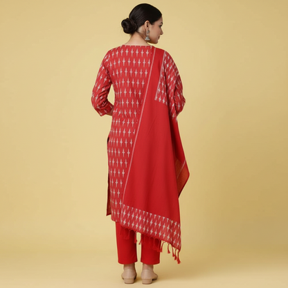 Woman wearing a red traditional outfit with a matching dupatta on a gray background
