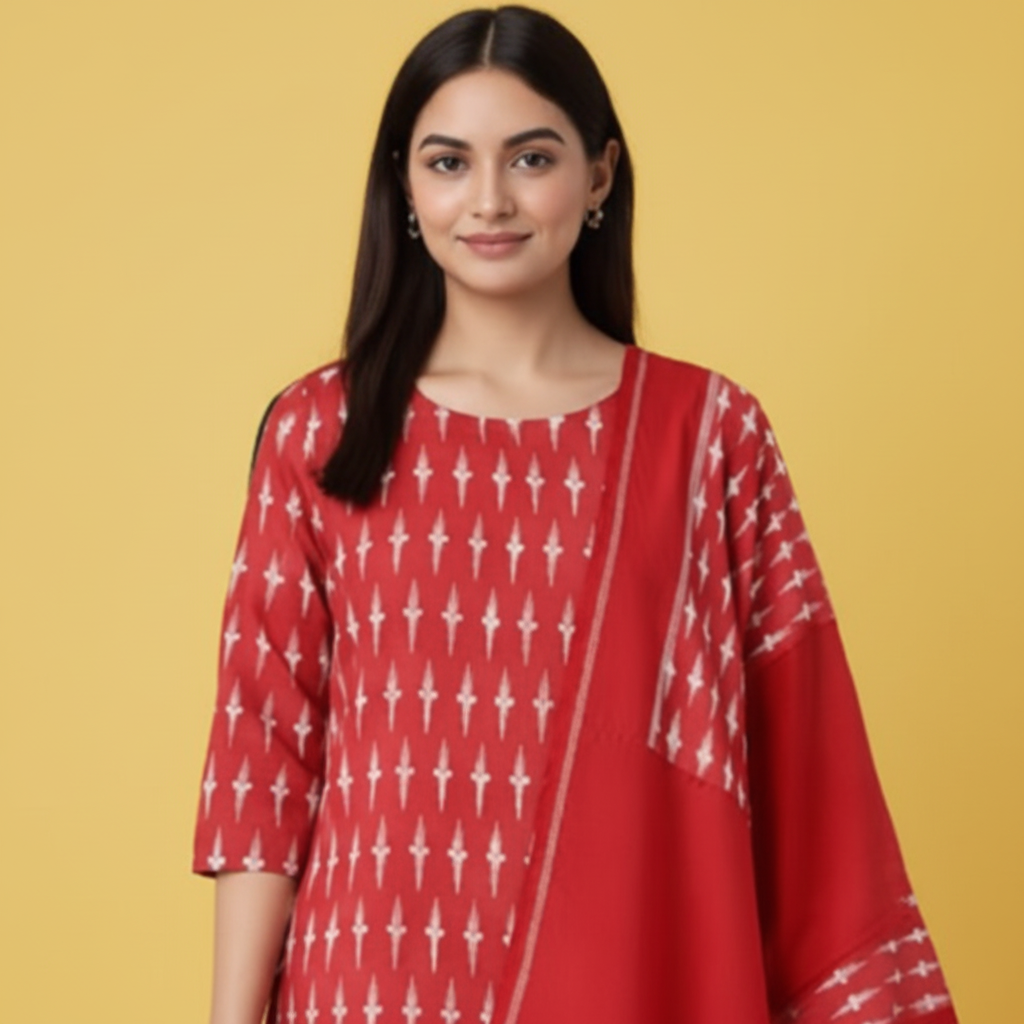 Woman wearing a red traditional outfit with a matching dupatta on a gray background