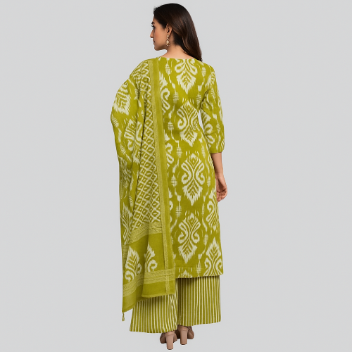 Woman wearing a green patterned outfit on a gray background