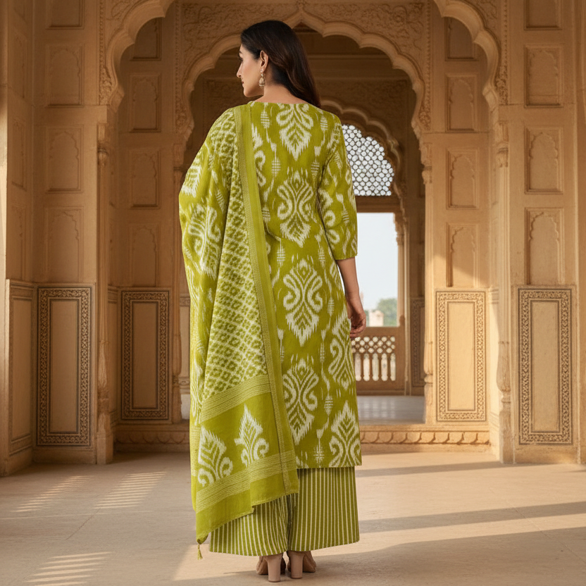 Woman wearing a green patterned outfit on a gray background