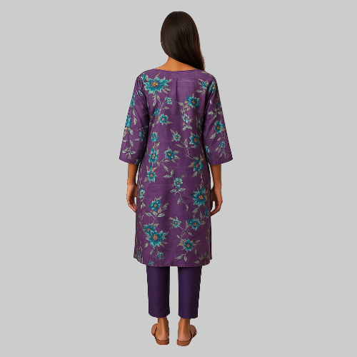 Woman wearing a purple floral dress on a white background