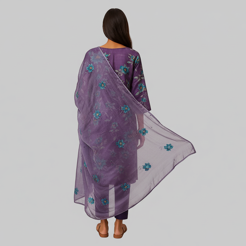 Woman wearing a purple floral dress on a white background