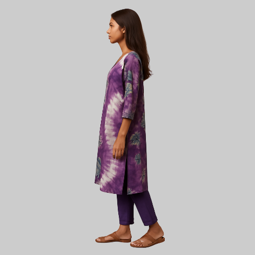 Woman wearing a purple tie-dye dress on a white background