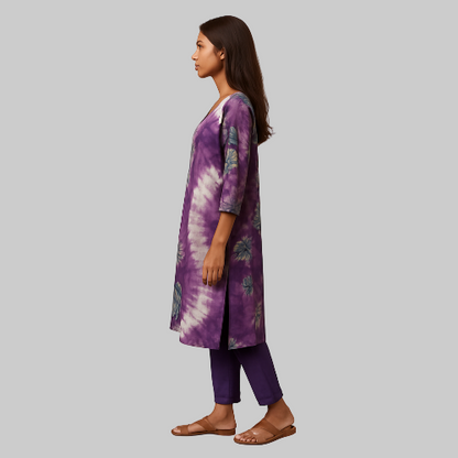 Woman wearing a purple tie-dye dress on a white background