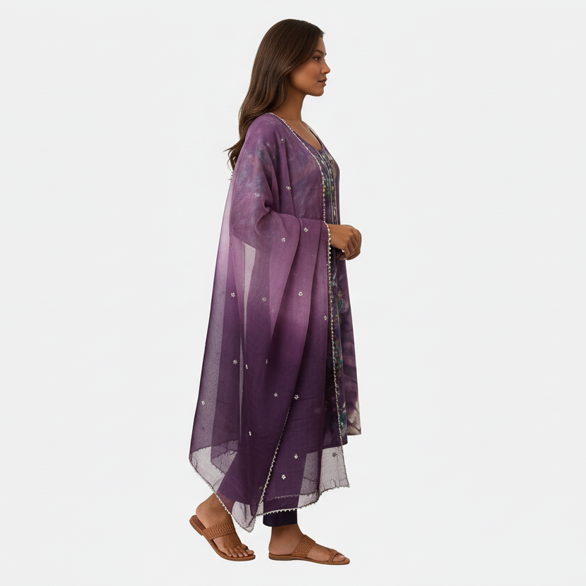 Woman wearing a long, patterned purple dress on a white background
