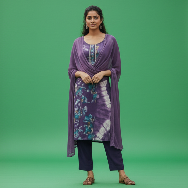 Woman in a purple outfit standing on a busy street