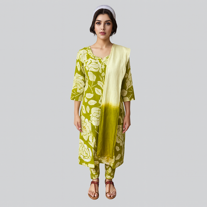 Dark Green & White Kurti Set