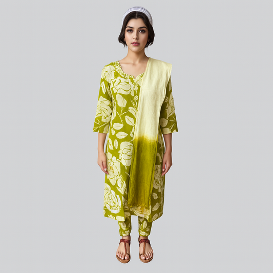 Dark Green & White Kurti Set