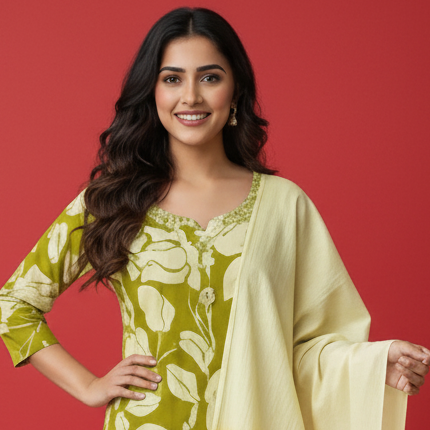 Woman in a green floral dress standing in a modern room.