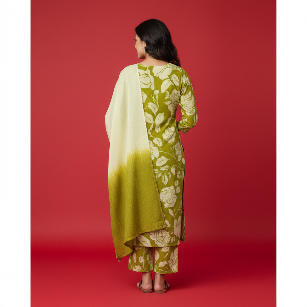 Woman in a green floral dress standing in a modern room.