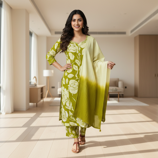 Woman wearing a green floral outfit with a matching dupatta on a blue background