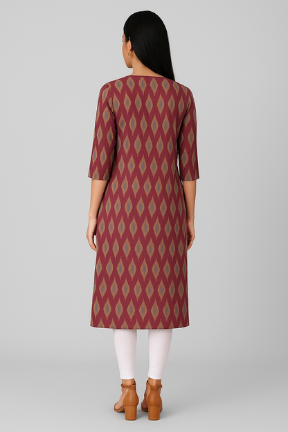 Pochampally Ikkat Red and White 2 Pcs Kurti Set