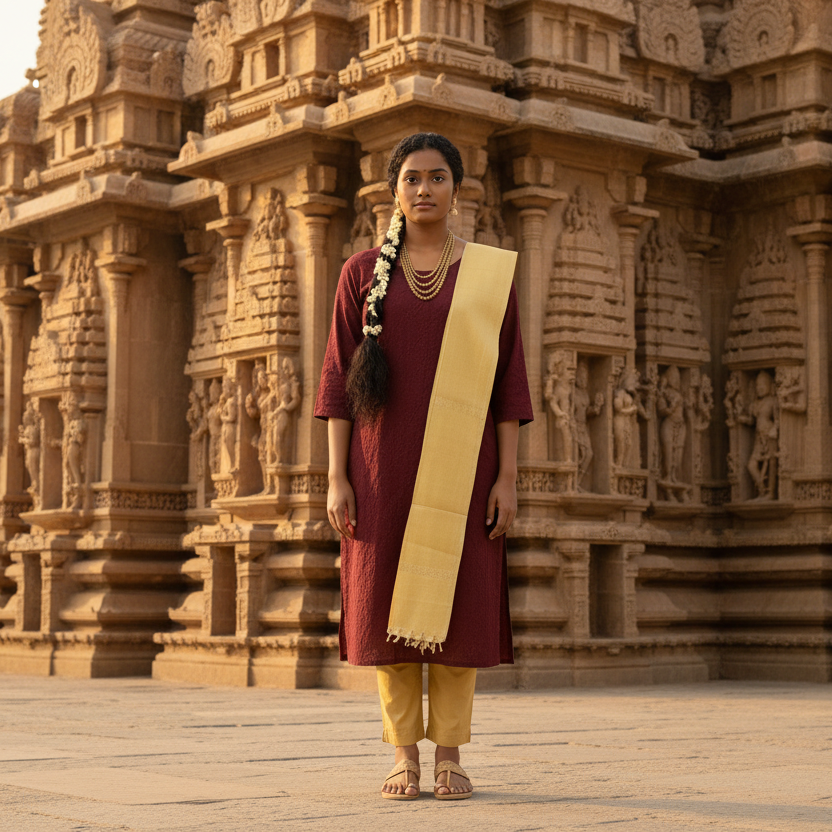 Woman wearing a maroon kurta with a gold dupatta on a white background