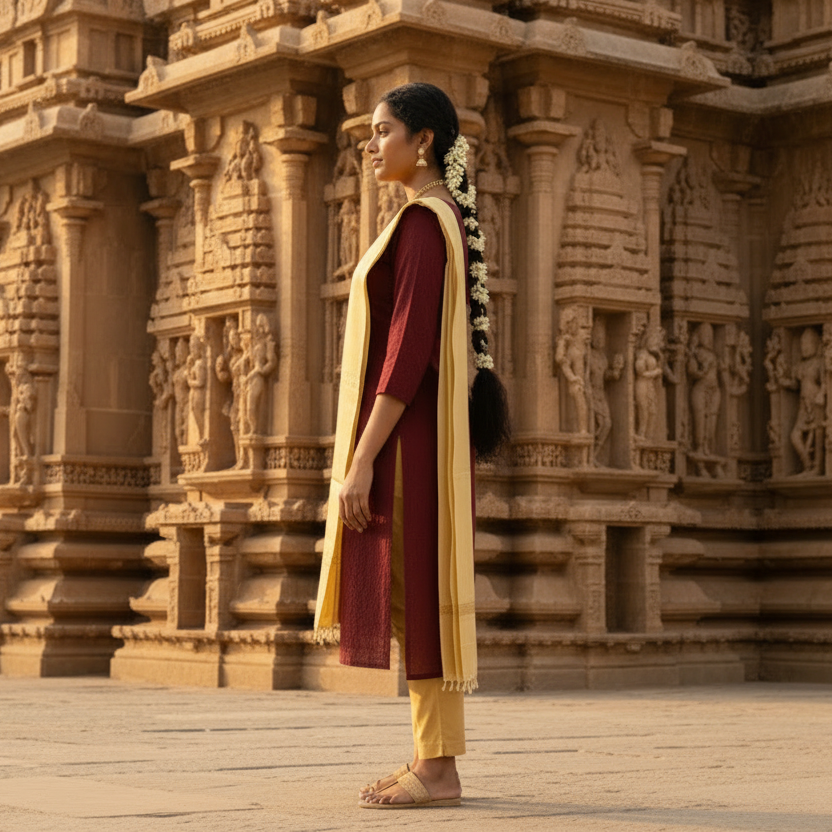 Woman in traditional attire standing in front of an ancient temple.