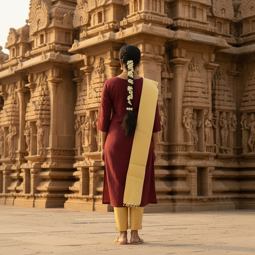 Woman in traditional attire standing in front of an ancient temple.