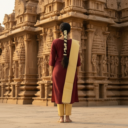 Woman in traditional attire standing in front of an ancient temple.