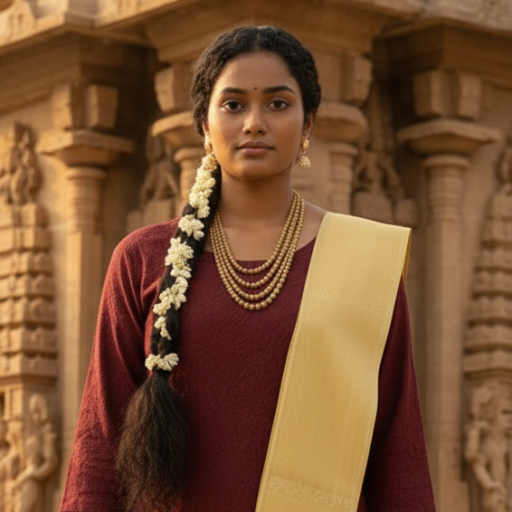Woman in traditional attire standing in front of an ancient temple.
