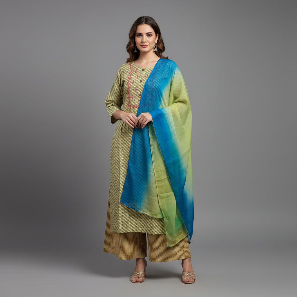 Light Green with Embroidery Red Flower Shape Kurti Set