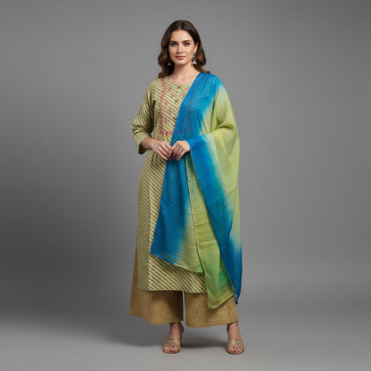 Light Green with Embroidery Red Flower Shape Kurti Set