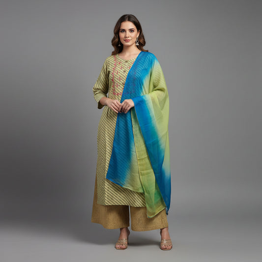 Light Green with Embroidery Red Flower Shape Kurti Set