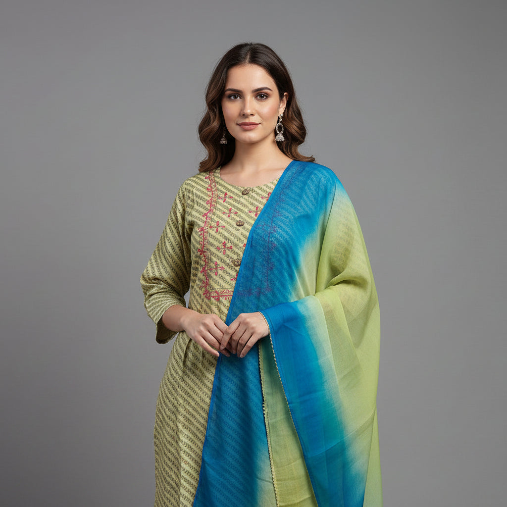A woman modeling a traditional Indian outfit consisting of a light olive green kurta with gold stripes, matching brown pants, and a blue-green gradient dupatta, set against a solid gray studio background.