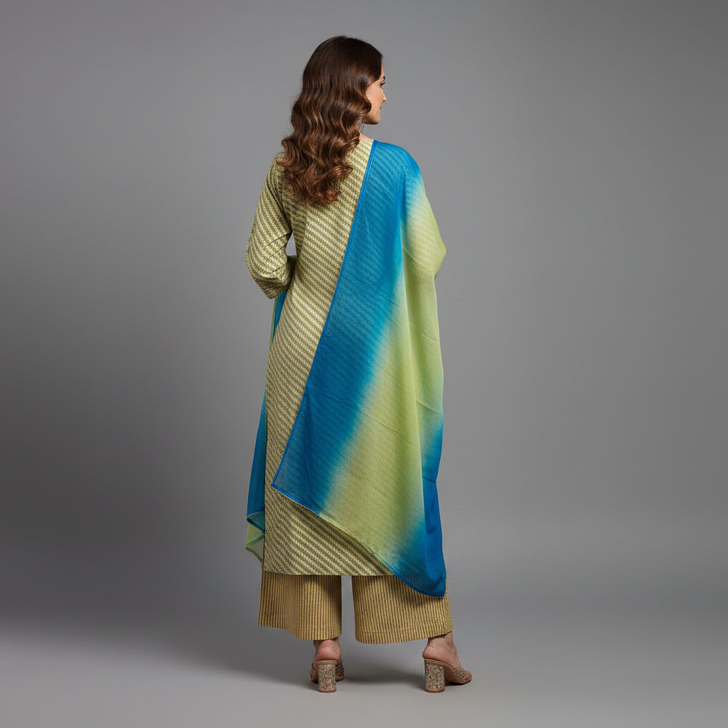 A woman modeling a traditional Indian outfit consisting of a light olive green kurta with gold stripes, matching brown pants, and a blue-green gradient dupatta, set against a solid gray studio background.