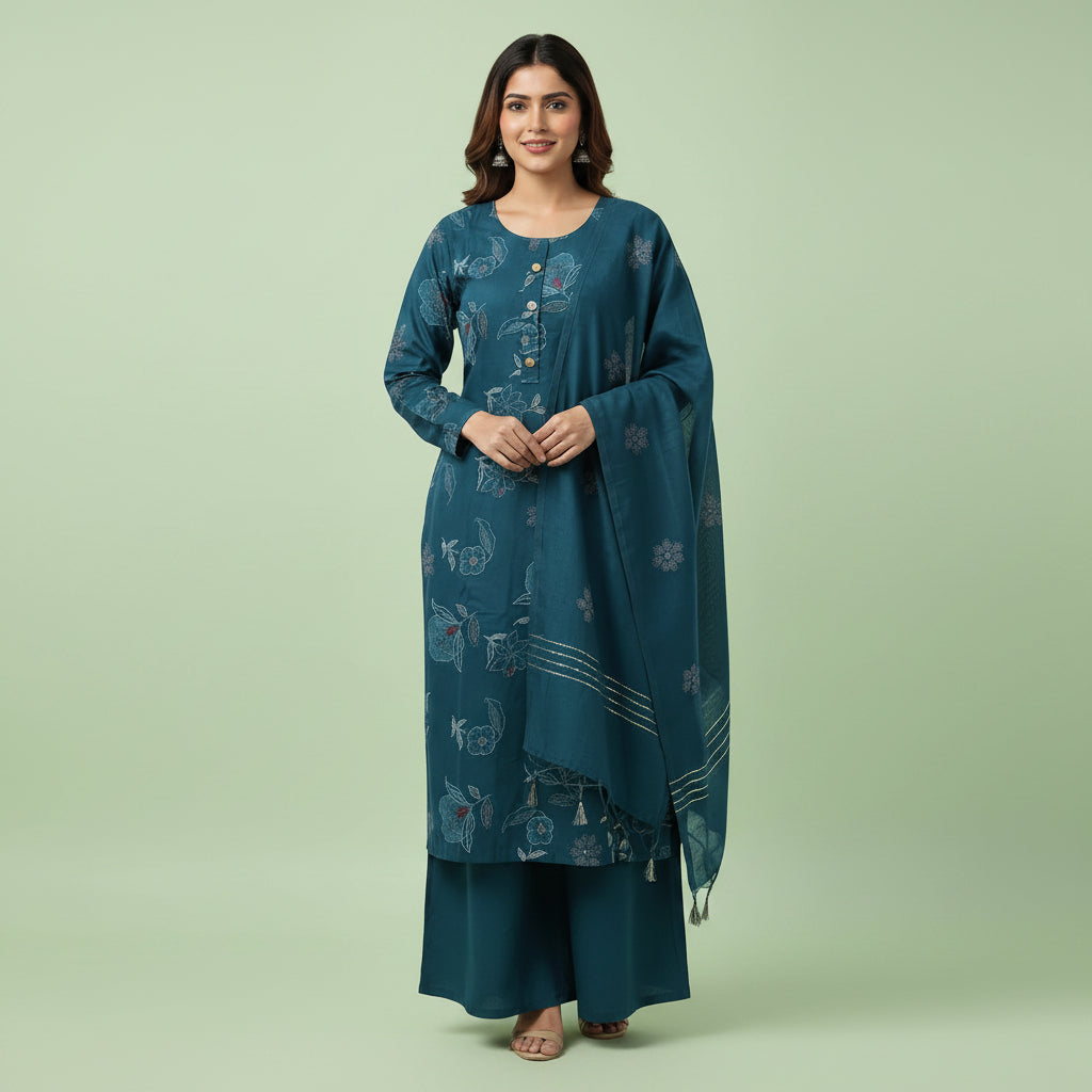 A woman modeling a teal blue ethnic salwar kameez suit with matching dupatta against a solid bright yellow background.