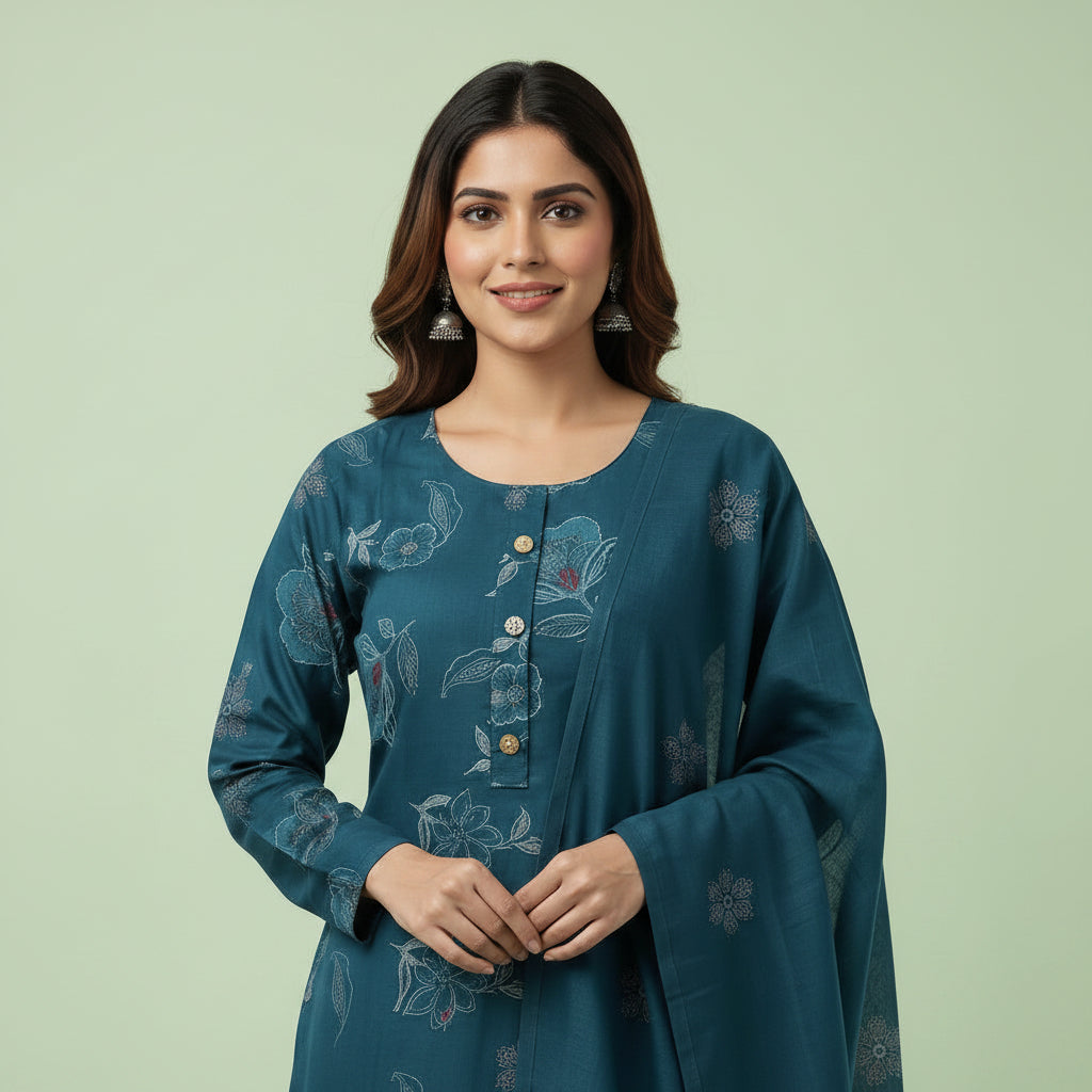Dark Blue Flower Shaped Kurti Set