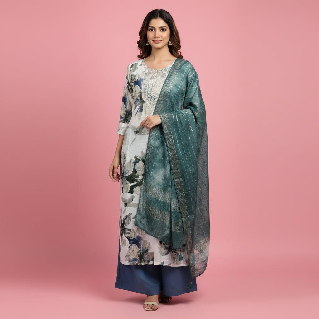 A woman modeling a traditional Indian outfit consisting of a long-sleeved kurta with a white, gray, and blue floral print, a matching teal-green shawl draped over her shoulders, and navy blue pants, set against a solid pink studio background.