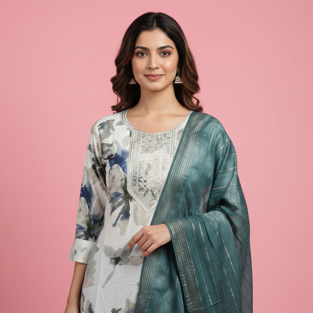A woman modeling a traditional Indian outfit consisting of a long-sleeved kurta with a white, gray, and blue floral print, a matching teal-green shawl draped over her shoulders, and navy blue pants, set against a solid pink studio background.