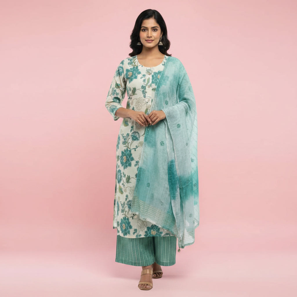 White and Flower shaped Dark Green Kurti Set