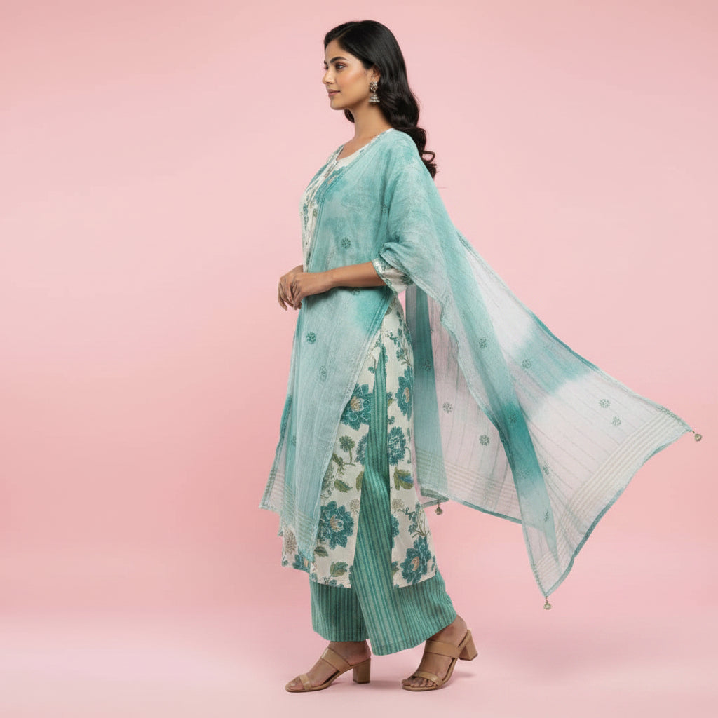 White and Flower shaped Dark Green Kurti Set