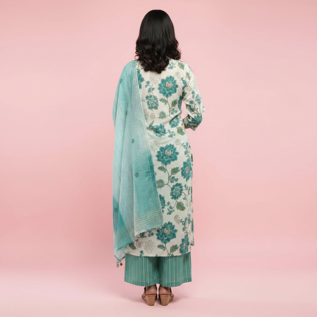 White and Flower shaped Dark Green Kurti Set