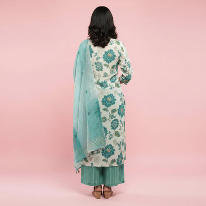 White and Flower shaped Dark Green Kurti Set