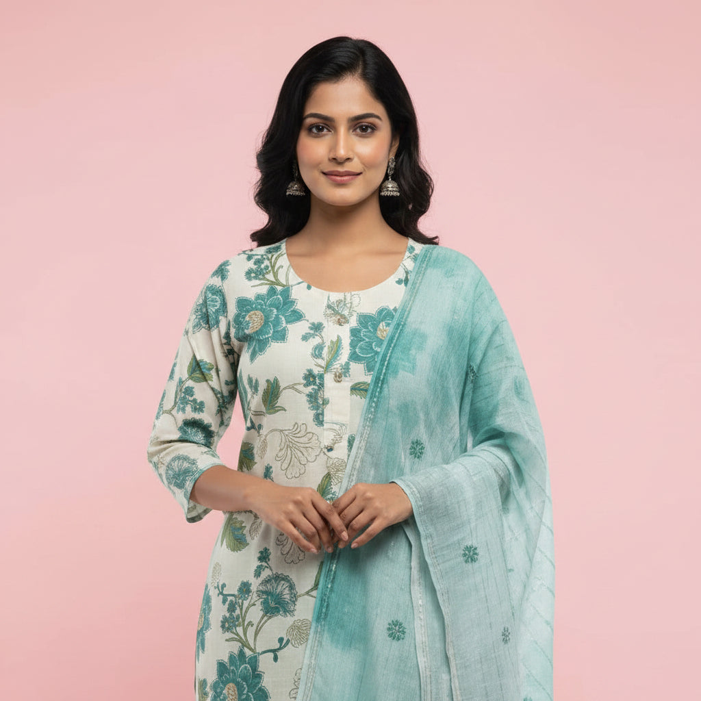 White and Flower shaped Dark Green Kurti Set