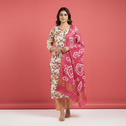 White and Flowral Shaped Red and Yellow Kurti Set