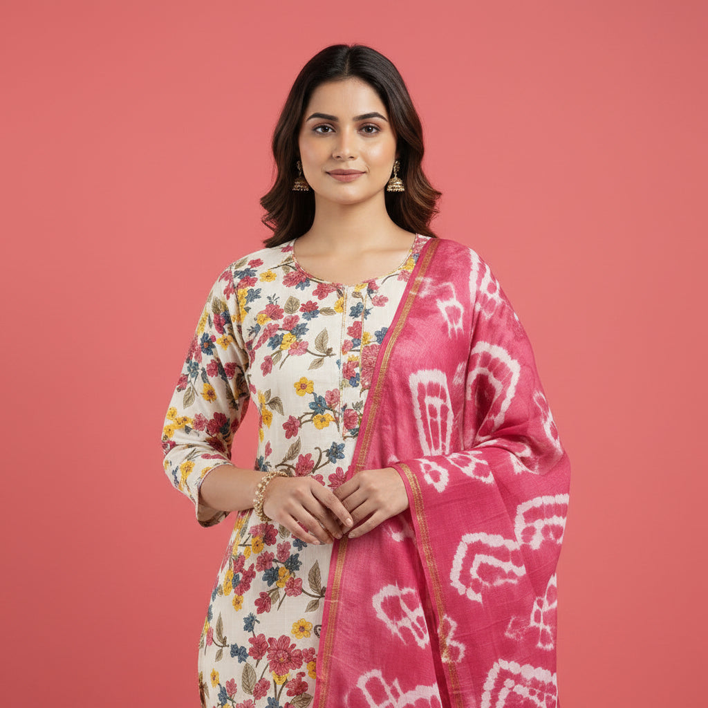 White and Flowral Shaped Red and Yellow Kurti Set