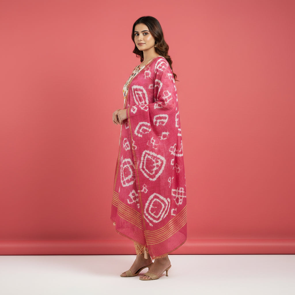 White and Flowral Shaped Red and Yellow Kurti Set