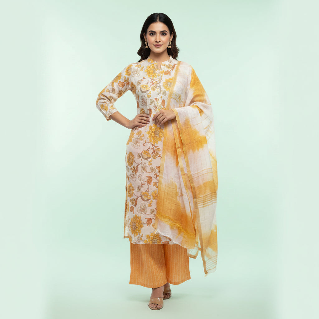White and Flower Shaped Orange Kurti Set