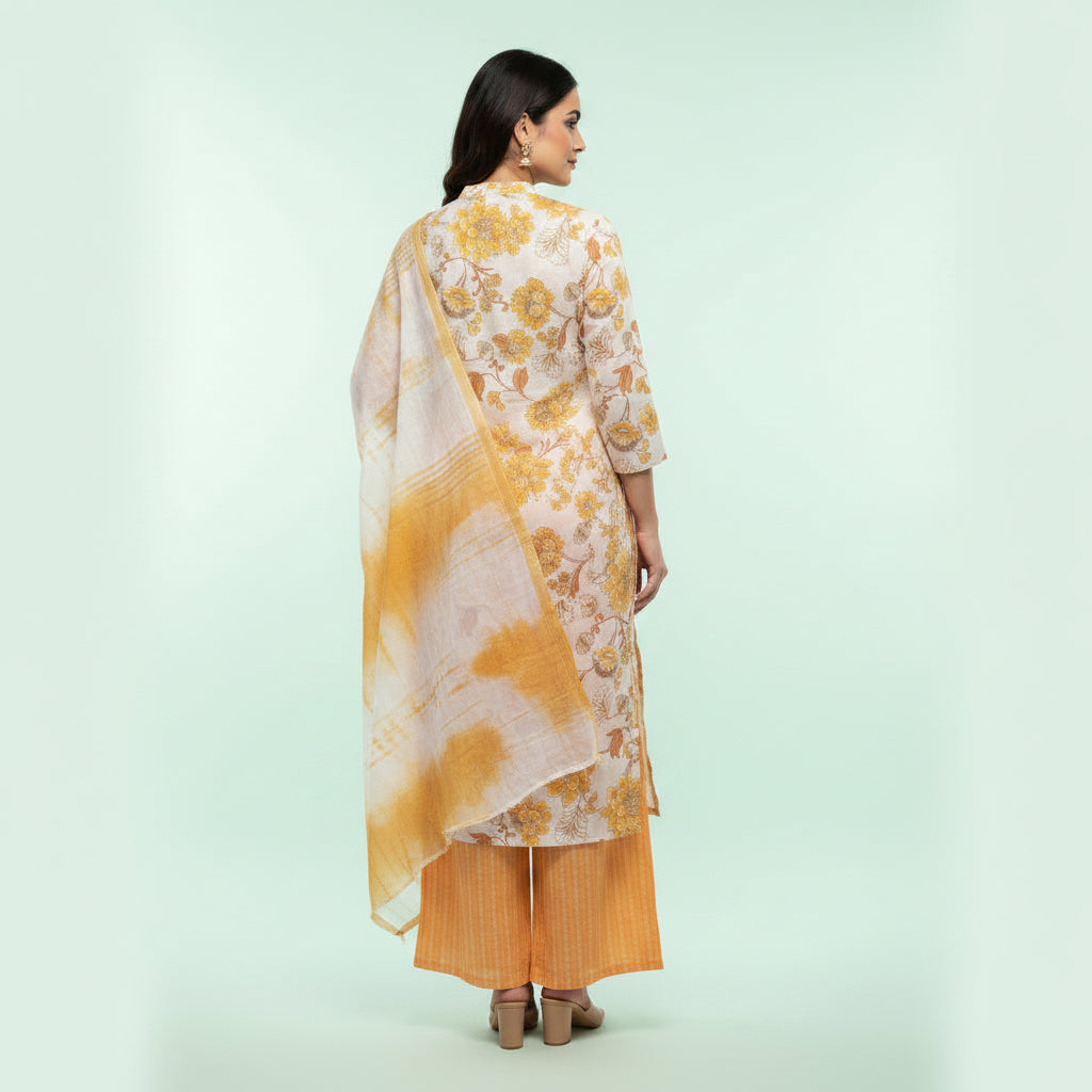 White and Flower Shaped Orange Kurti Set