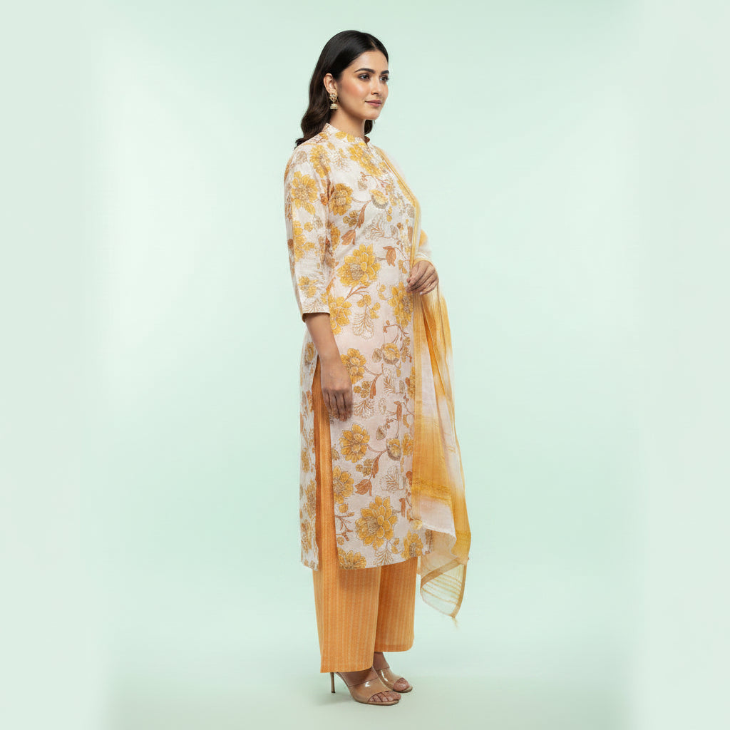 White and Flower Shaped Orange Kurti Set