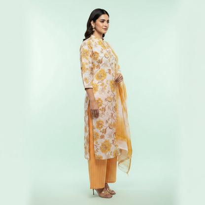 White and Flower Shaped Orange Kurti Set