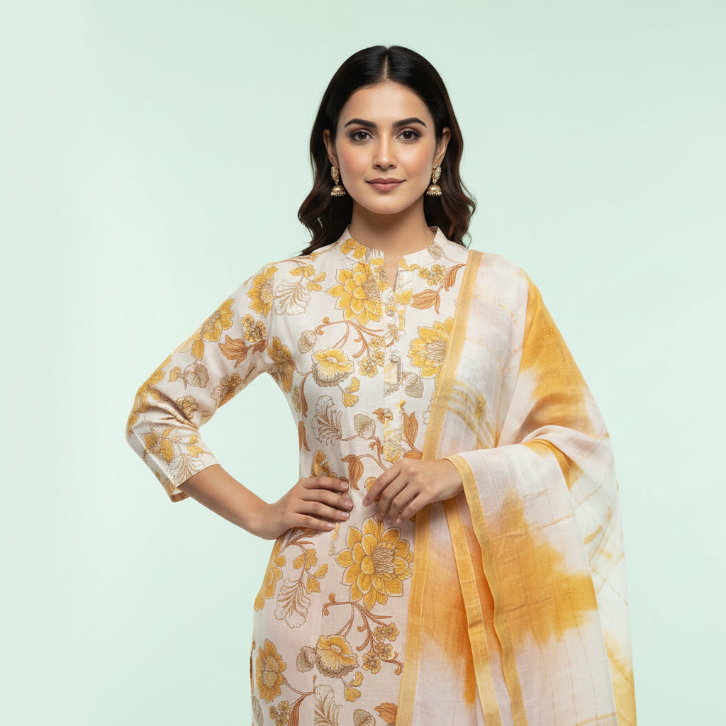 White and Flower Shaped Orange Kurti Set