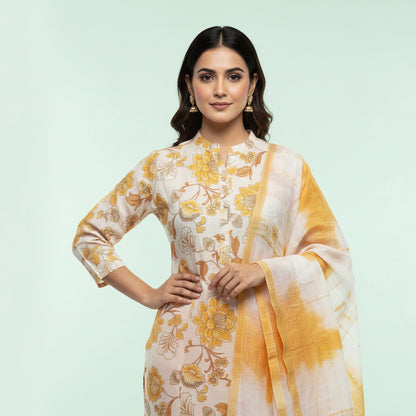 White and Flower Shaped Orange Kurti Set