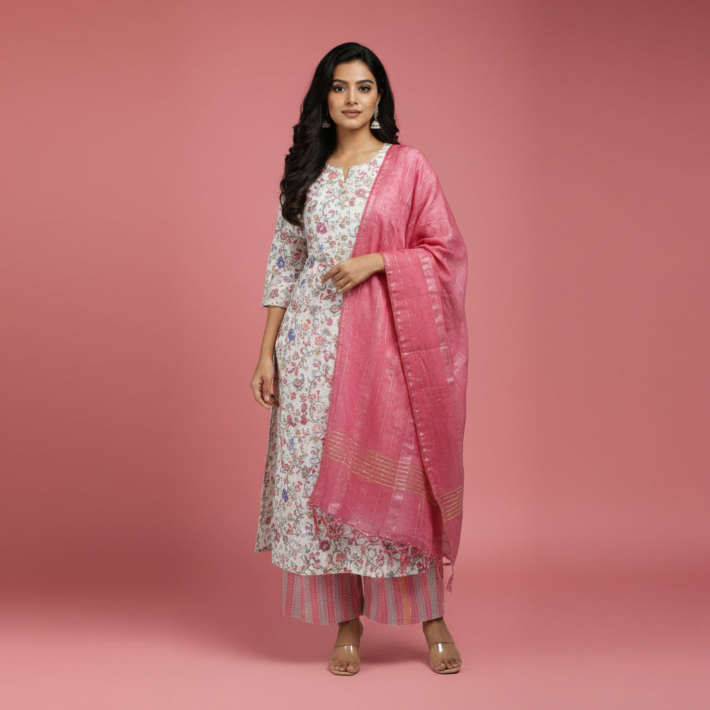 White and Flowers Shaped Red and Blue Kurti Set