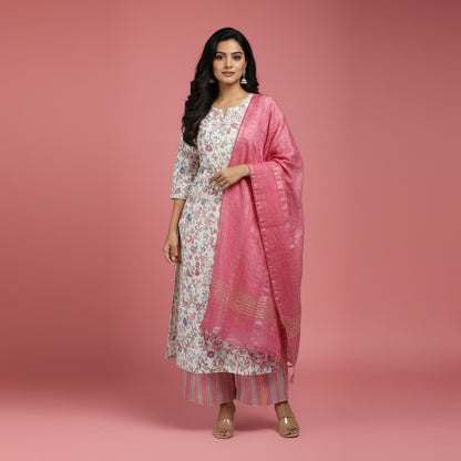 White and Flowers Shaped Red and Blue Kurti Set