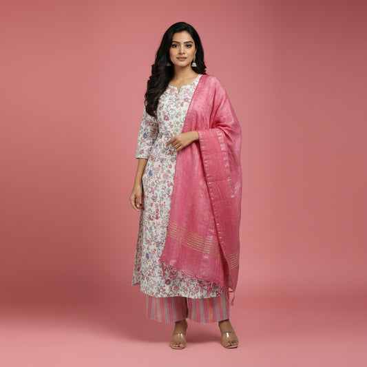 White and Flowers Shaped Red and Blue Kurti Set