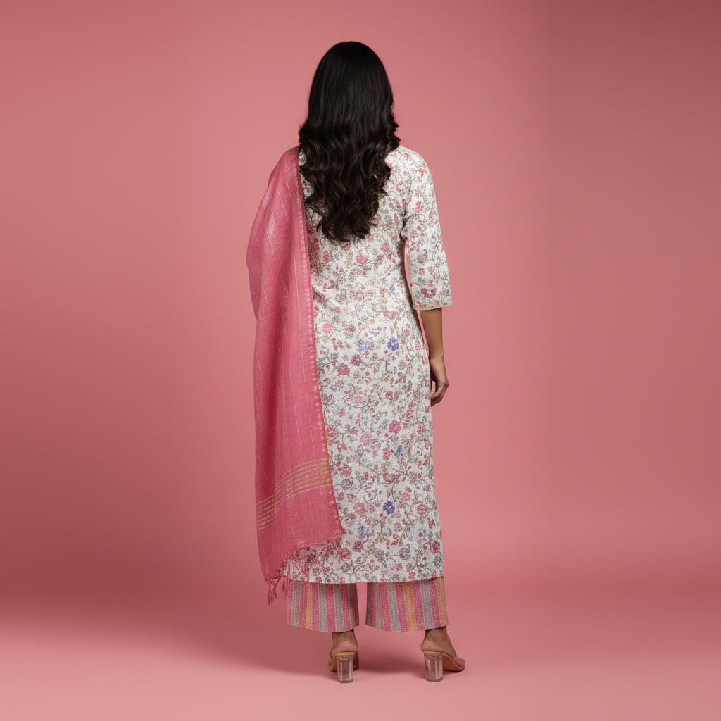 White and Flowers Shaped Red and Blue Kurti Set
